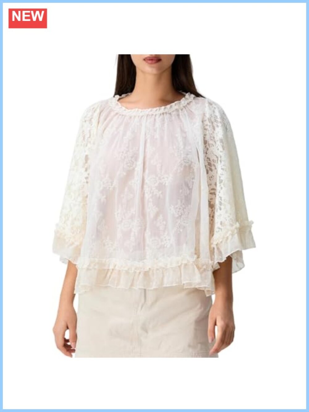 Womens Sheer Mesh Lace Long Sleeve Blouse Ruffle Flowy Layering Top